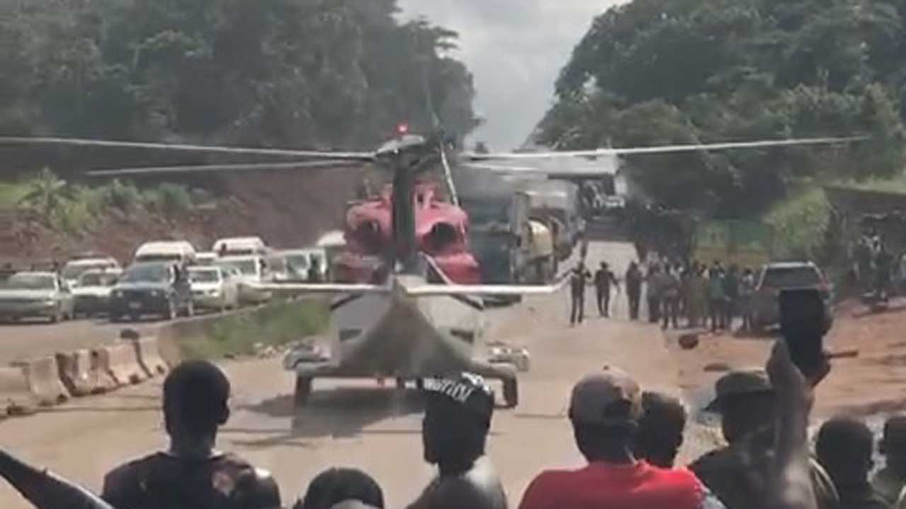 Helicopter stops at benin-ore highway